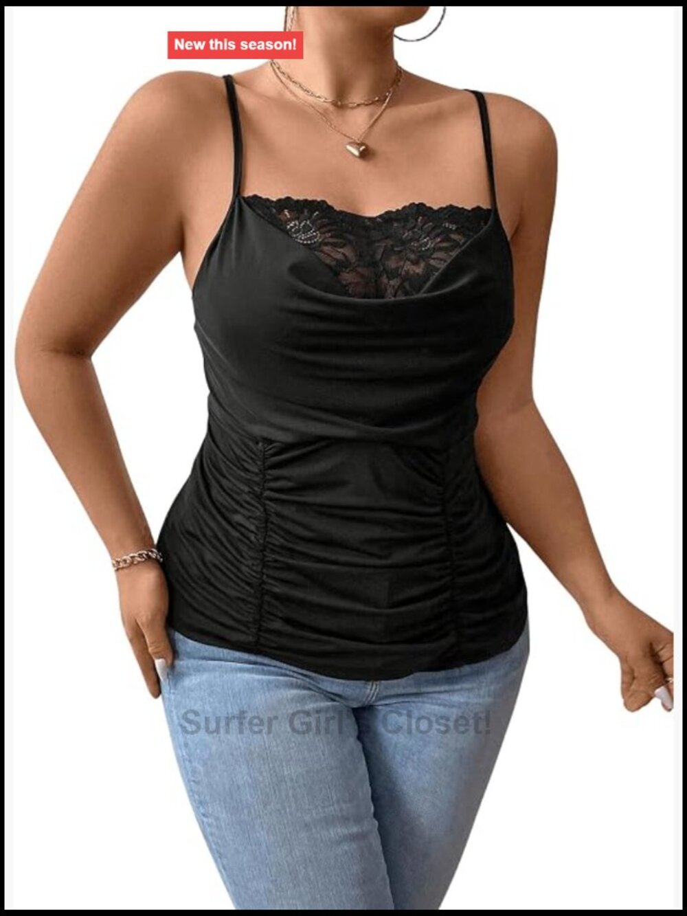 Plus Size Lace Trim Ruched Cami Top Spaghetti Strap Draped Front Sleeveless